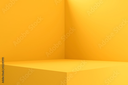 Empty room interior design or yellow pedestal display on vivid background with blank stand. Blank stand for showing product. 3D rendering.