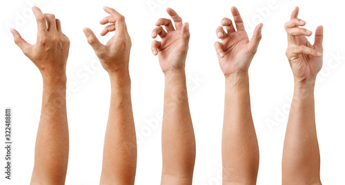 GROUP of Male Asian hand gestures isolated over the white background. Soft Grab Action. Touch Action.