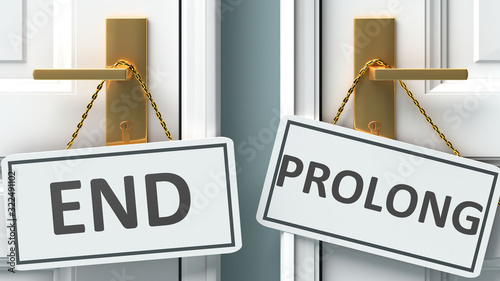 End or prolong as a choice in life - pictured as words End, prolong on doors to show that End and prolong are different options to choose from, 3d illustration