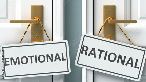 Emotional or rational as a choice in life - pictured as words Emotional, rational on doors to show that Emotional and rational are different options to choose from, 3d illustration