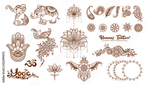 Set of elements for design in mehendi, traditional indian henna style. Ethnic style compositions. Floral ornaments and mandalas. Vector illustration..