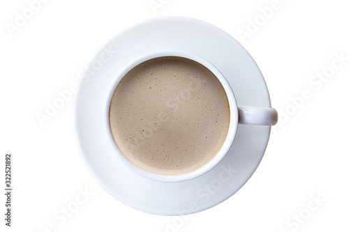 black coffee in a coffee cup top view isolated on white background.