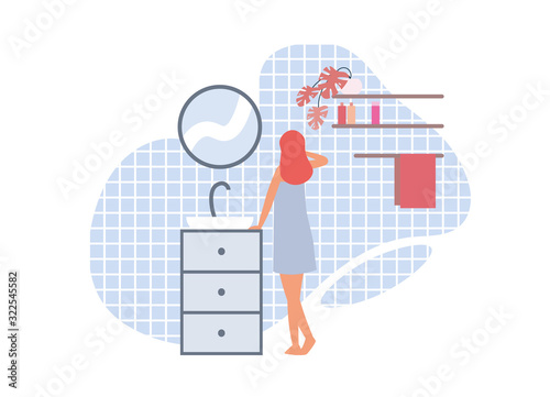 Woman in bathroom in morning. Flat vector illustration