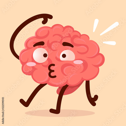 Vector creative illustration of pink human confused brain character with hand and leg on yellow background.