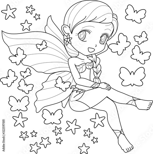 Cute little fairy with wings, white background for kids coloring book, vector illustration.