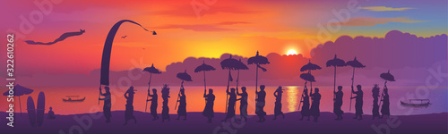 Traditional Balinese religious ceremony, people with umbrellas silhouettes on colorful sunset background. Vector horizontal banner illustration