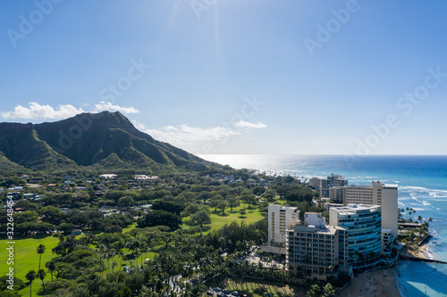 Aerial drone view of the sea front on Waikiki with Diamond Head in the background