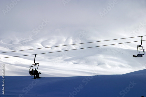 Ski lift carrying skiers in Mount Erciyes, Kayseri, Turkey.