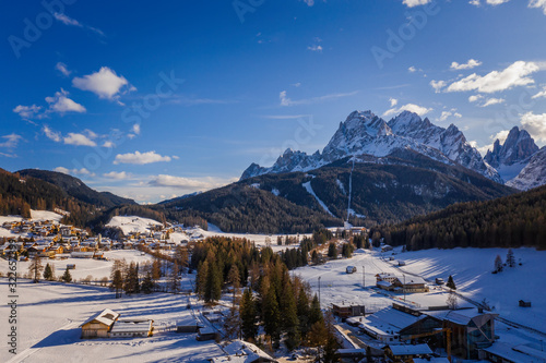 Monte Elmo, Dolomites, Italy - Mountain skiing and snowboarding. Sexten (Sesto), Trentino-Alto Adige, Puster Valley (Alta Pusteria), South Tyrol. Aerial drone shot, january 2020