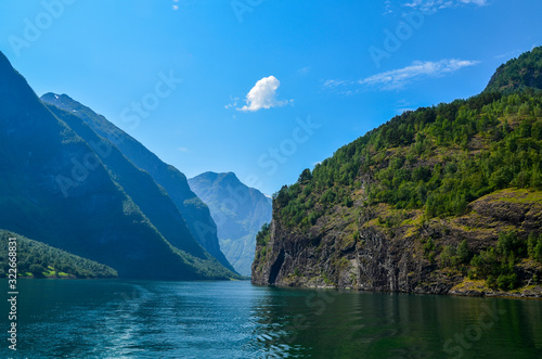 Majestic landscape with beautiful mountains and calm water of Aurlandsfjord, Flam (Aurlandsfjorden), Norway 