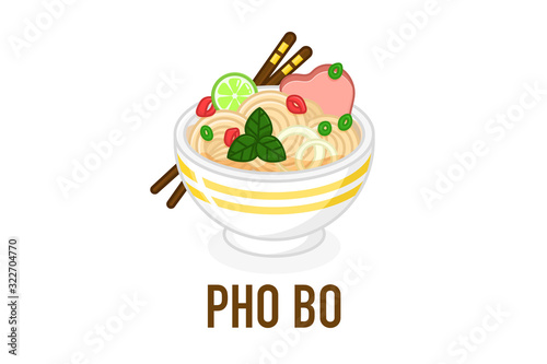 Pho bo soup in a bowl. Traditional spicy vietnamese meal with noodles and broth. Plate with lime and chopstick on white background. Colourful vector illustration