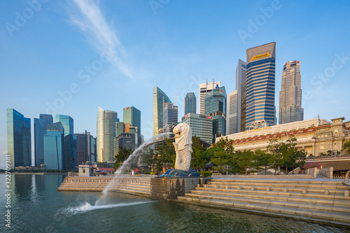 Blue nice sky with Merlion park and landmark buidings in Singapore city, Singapore