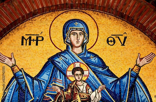 Mosaic showing Virgin Mary and Jesus Christ outside of Christian orthodox church in Athens, Greece 