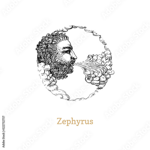 Zephyrus, west wind hand drawn in engraving style. Vector retro graphic illustration of mythological deity.