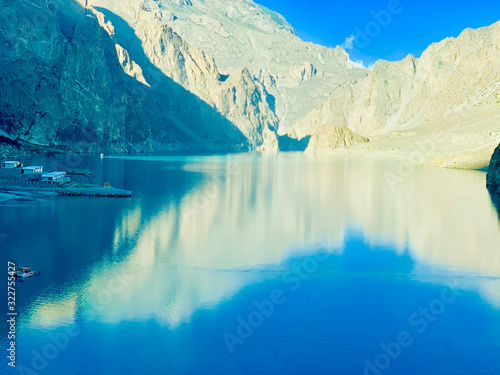 attabad lake and mountain view with blue sky