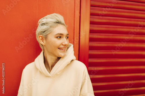 Blond young woman with short hair