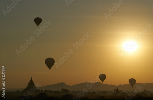 sunrize balloon and Buddhism temples in bagan, myanmar