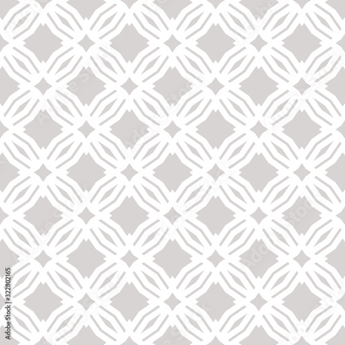 Vector abstract geometric floral seamless pattern. Subtle white and gray background. Simple graphic ornament texture with diamond shapes, stars, rhombuses, square grid, mesh. Elegant repeat design