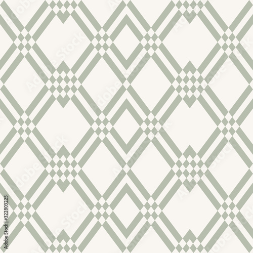 Abstract geometric seamless pattern. Delicate white and green vector background. Simple ornament with diamond grid, rhombuses, lines, mesh, lattice. Elegant texture. Repeat design for decor, wallpaper