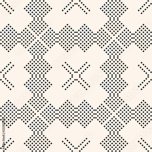 Vector minimalist geometric seamless pattern with small rhombuses, diamonds, squares, dots, crosses. Abstract black and white graphic texture. Simple minimal ornamental background. Modern design