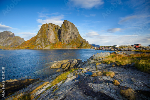 Beautiful mountain and sky in Hamnoy village in Lofoten , Norway
