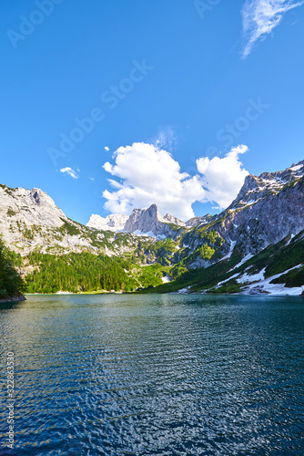Beautiful Hinterer Gosausee lake landscape with Dachstein mountains in Austrian Alps. Salzkammergut region.