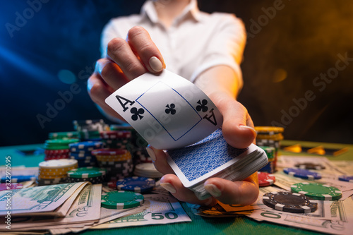 Casino game, poker. Player or dealer wins. Screensaver for gaming business. Concept of success and victory.