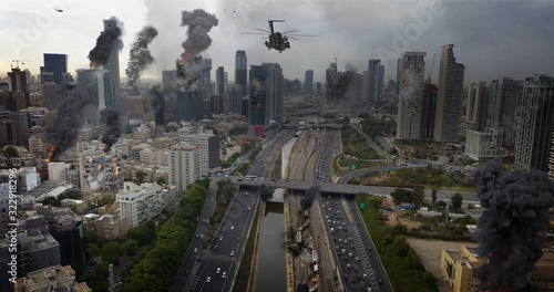 Tel Aviv City Under attack in war aerial view Illustration Powerful Image Compositing Real drone Image with visual effects elements, of Israel Tel aviv city under attack With smoke and Destroyed buil