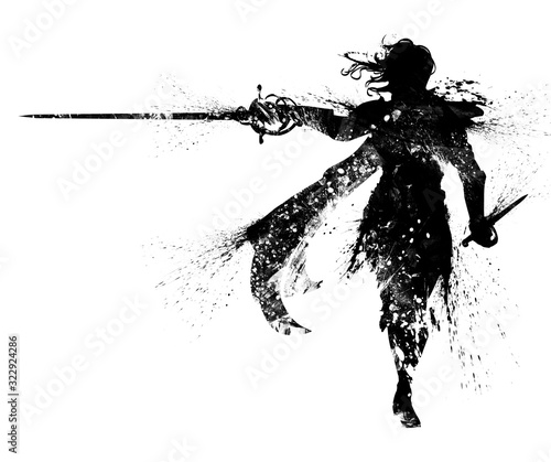 A black silhouette of a duelist in an elegant suit, with long hair, a cloak, and a rapier in one hand and a dagger in the other, the drawing consists of blotches and smears. 2D illustration.