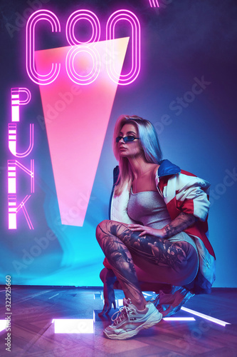 Beautiful cyborg woman wearing modern clothes in futuristic nightclub. Cyberpunk concept art