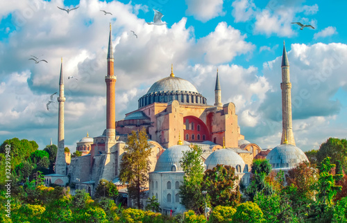 Sunny day architecture and Hagia Sophia Museum, in Eminonu, istanbul, Turkey 