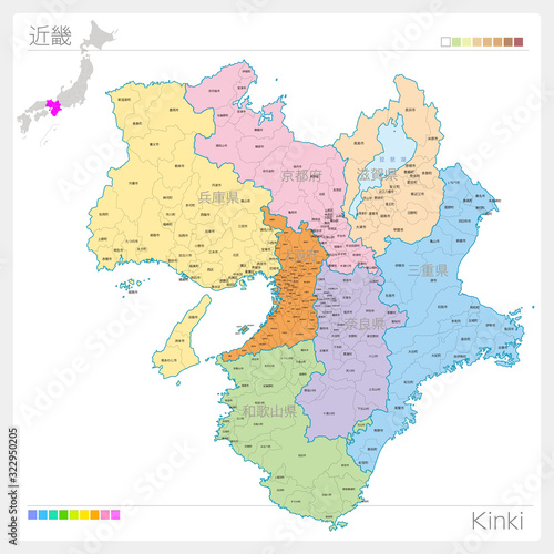 近畿の地図・Kinki（色分け）