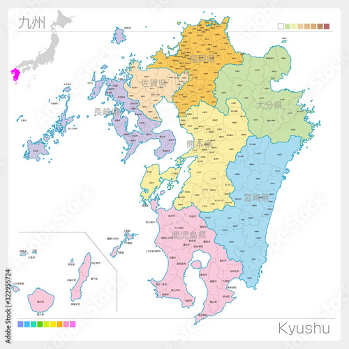 九州地方の地図・Kyushu（色分け）