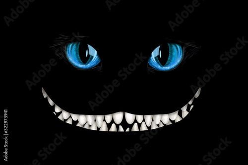 Mad cheshire smile and eyes on black background. Deco element, card-, flyer- base, clip art