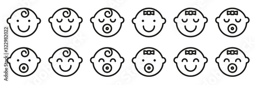 Set baby face simple icons. Varied expressions symbols.