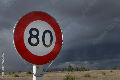 Highway 8 near Twizel. Lake Ruataniwha. Ben Ohau. New Zealand. Speed limit sign 80