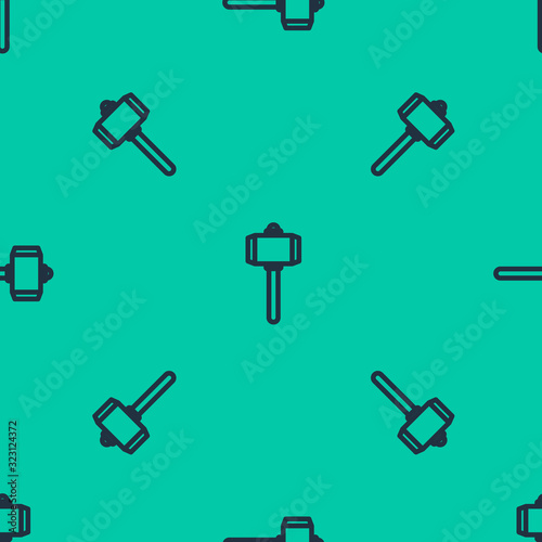 Blue line Battle hammer icon isolated seamless pattern on green background. Vector Illustration