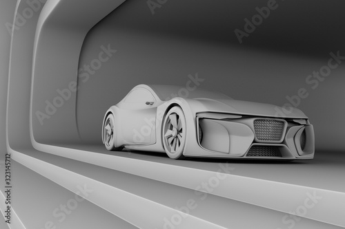 Clay rendering of electric powered sports coupe in a modern space. 3D rendering image. 