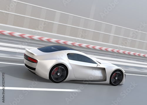 Electric powered sports coupe driving on the highway. 3D rendering image. 