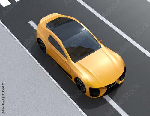 Metallic yellow electric powered sports coupe parking on roadside. 3D rendering image. 
