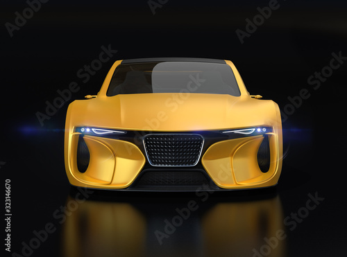 Front view of yellow paint electric powered sports coupe on black background. 3D rendering image. Original design.