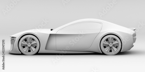 Side view of electric powered sports coupe in clay rendering style. 3D rendering image. 
