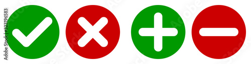 Set of flat round check mark, X mark, plus sign and minus sign icons, buttons isolated on a white background. EPS10 vector file