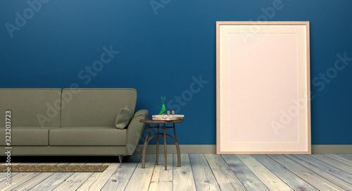 szablon duża pusta rama plakatu w nowoczesnym wnętrzu classic blue kolor sofa i dekoracje rendering 3d