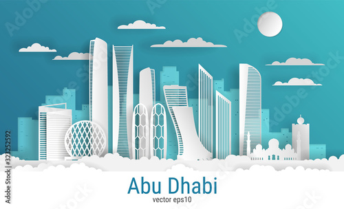 Paper cut style Abu Dhabi city, white color paper, vector stock illustration. Cityscape with all famous buildings. Skyline Abu Dhabi city composition for design.