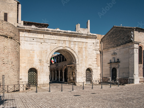 the ancient triumphal arch of Emperor Augustus in Fano, Pesaro-Urbino province, Marche, Italy.