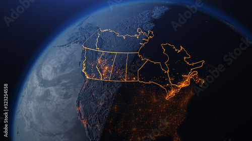 3D illustration of Canada and North America from space at night with city lights showing human activity in United States