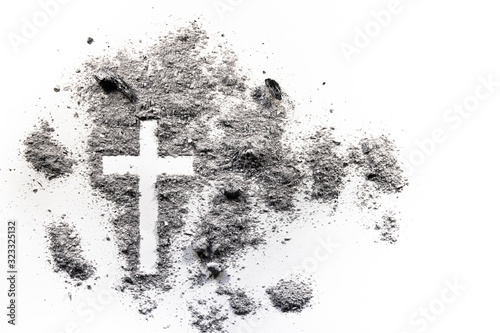 Ash wednesday cross, crucifix drawing made in ash, dust as christian religion, Jesus, god, faith, holy, holiday, Good Friday, Lent period, or Easter concept