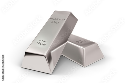 Two shiny palladium ingots or bars over white background - precious metal or money investment concept