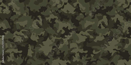 Camouflage pattern background, seamless vector illustration. Classic military clothing style. Masking camo repeat print. Dark green khaki texture. 